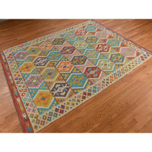 Load image into Gallery viewer, 8&#39;4&quot;x10&#39;10&quot; Bone White, Afghan Kilim With All Over Colorful Geometric Pattern, 100% Wool, Natural Dyes, Flat Weave, Hand Woven, Reversible, Oriental Rug FWR470076