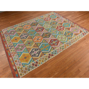 8'4"x10'10" Bone White, Afghan Kilim With All Over Colorful Geometric Pattern, 100% Wool, Natural Dyes, Flat Weave, Hand Woven, Reversible, Oriental Rug FWR470076