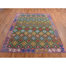 Load image into Gallery viewer, 8&#39;4&quot;x9&#39;10&quot; Pickle Green, 100% Wool, Afghan Kilim With All Over Colorful Geometric Pattern, Natural Dyes, Flat Weave, Hand Woven, Reversible, Oriental Rug FWR470082