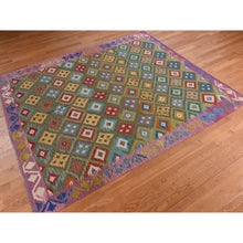 Load image into Gallery viewer, 8&#39;4&quot;x9&#39;10&quot; Pickle Green, 100% Wool, Afghan Kilim With All Over Colorful Geometric Pattern, Natural Dyes, Flat Weave, Hand Woven, Reversible, Oriental Rug FWR470082