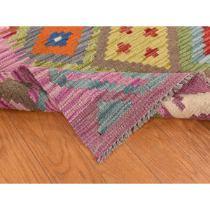 8'4"x9'10" Pickle Green, 100% Wool, Afghan Kilim With All Over Colorful Geometric Pattern, Natural Dyes, Flat Weave, Hand Woven, Reversible, Oriental Rug FWR470082