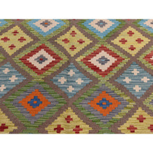 Load image into Gallery viewer, 8&#39;4&quot;x9&#39;10&quot; Pickle Green, 100% Wool, Afghan Kilim With All Over Colorful Geometric Pattern, Natural Dyes, Flat Weave, Hand Woven, Reversible, Oriental Rug FWR470082