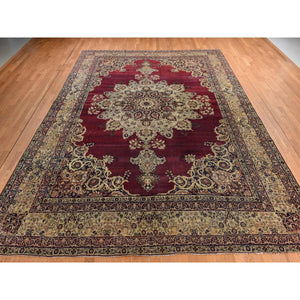 10'10"x15'3" Cranberry Red, Antique Persian Lavar Kerman, Center Medallion, Flower Design, Zero Pile, Clean, Sides And Ends Professionally Secured, Properly Restored, 100% Wool, Hand Knotted, Oriental Rug FWR470100