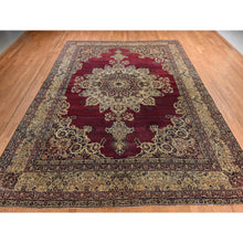 Load image into Gallery viewer, 10&#39;10&quot;x15&#39;3&quot; Cranberry Red, Antique Persian Lavar Kerman, Center Medallion, Flower Design, Zero Pile, Clean, Sides And Ends Professionally Secured, Properly Restored, 100% Wool, Hand Knotted, Oriental Rug FWR470100