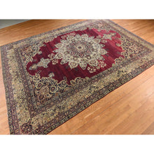 Load image into Gallery viewer, 10&#39;10&quot;x15&#39;3&quot; Cranberry Red, Antique Persian Lavar Kerman, Center Medallion, Flower Design, Zero Pile, Clean, Sides And Ends Professionally Secured, Properly Restored, 100% Wool, Hand Knotted, Oriental Rug FWR470100
