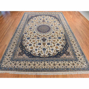 10'1"x14'8" Parchment Ivory, Vintage Persian Esfahan, 400 KPSI, Good Condition, Clean, Soft and Pliable, Hand Knotted, Wool and Silk on Silk Oriental Rug FWR470118