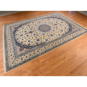 10'1"x14'8" Parchment Ivory, Vintage Persian Esfahan, 400 KPSI, Good Condition, Clean, Soft and Pliable, Hand Knotted, Wool and Silk on Silk Oriental Rug FWR470118