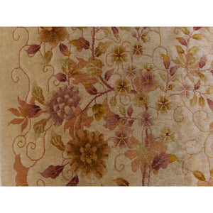 8'10"x11'8" Honey Brown, Antique Chinese Nichols Art Deco, Golden Leaf Design, Even Wear, Professionally Cleaned, Soft Pile, 100% Wool, Clean, Sides And Ends Expertly Secured, Hand Knotted, Oriental Rug FWR470214