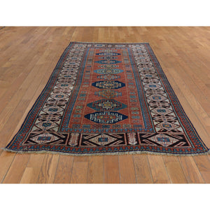 3'9"x8'4" Auburn Red, Antique Caucasian Mogan Kazak, Nice Pile Throughout, Good Condition, Clean And Soft, 100% Wool, Hand Knotted, Wide Runner, Oriental Rug FWR470244