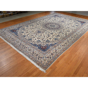 13'7"x20'7" Linen White, Mansion Sized Persian Nain With Medallion Design, Finely Made, 300 Kpsi, Wool And Silk, Hand Knotted, Oriental Rug FWR470250
