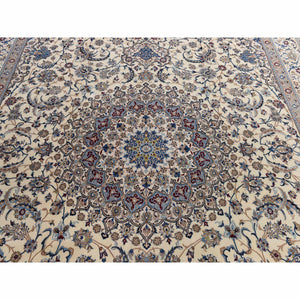 13'7"x20'7" Linen White, Mansion Sized Persian Nain With Medallion Design, Finely Made, 300 Kpsi, Wool And Silk, Hand Knotted, Oriental Rug FWR470250