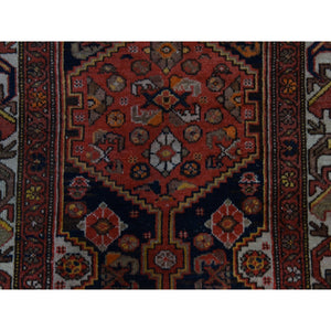3'1"x16'3" Midnight Blue With Red, Antique Persian Malayer, Geometric Design, Good Condition, Even Wear, Clean, Pure Wool, Hand Knotted, Xl Runner, Oriental Rug FWR470268