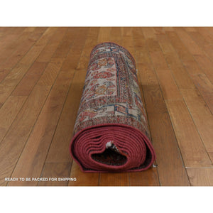 3'1"x16'8" Umber Brown, Moroccan Weave with Serrated Line Design, Tone on Tone, Hand Knotted, Soft Wool, Textured Pile, Wide Runner, Oriental Rug FWR123300