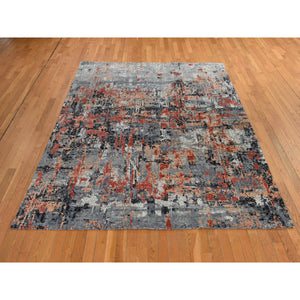 7'9"x10'1" Spanish Gray with Blush Red, Abstract Design, Soft to the Touch, Modern, 100% Wool, Hand Knotted, Oriental Rug FWR470334