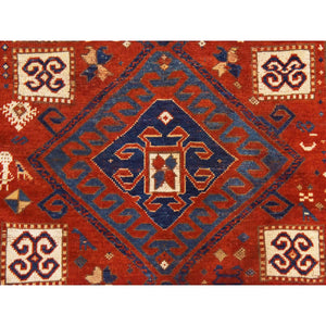 4'3"x6'3" Prismatic Red, Antique Caucasian Kazak With Geometric Design, Good Condition, Hand Knotted, Clean, Sides And Ends Professionally Secured, 100% Wool, Oriental Rug FWR470370