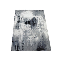 Load image into Gallery viewer, 2&#39;x3&#39; Black with Touches of Ivory, Hand Knotted, Abstract Design, Wool and Silk, Oriental, Mat, Sample, Rug FWR470412