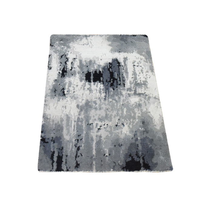 2'x3' Black with Touches of Ivory, Hand Knotted, Abstract Design, Wool and Silk, Oriental, Mat, Sample, Rug FWR470412