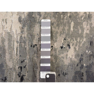 2'x3' Black with Touches of Ivory, Hand Knotted, Abstract Design, Wool and Silk, Oriental, Mat, Sample, Rug FWR470412