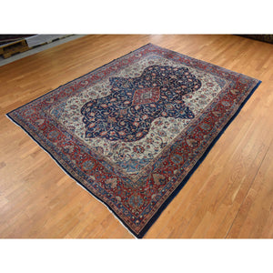 9'2"x12'1" Navy Blue, Vintage Persian Sarouk Mahal, Medallion Design, Clean, Soft with Full Even Pile, 100% Wool, Hand Knotted, Oriental Rug FWR470490