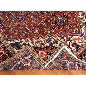 8'x11'3" Crimson Red, Antique Persian Heriz, Good Condition, Clean, Full Pile, Classic Geometric Medallion Design, 100% Wool, Hand Knotted, Oriental Rug FWR470622