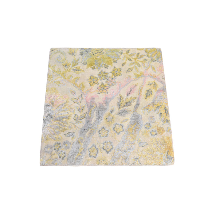 2'x2' Custard Yellow, Natural Wool and Silk, Sample, Strike Off, Bidjar Garus Design, Hand Knotted, Mat, Square, Oriental Rug FWR470658