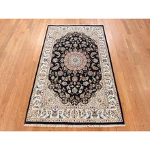 Load image into Gallery viewer, 4&#39;x6&#39;1&quot; Midnight Blue, Persian Nain Design, Natural Wool and Silk, Hand Knotted Oriental Rug FWR470688