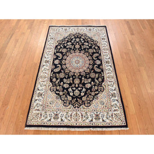 4'x6'1" Midnight Blue, Persian Nain Design, Natural Wool and Silk, Hand Knotted Oriental Rug FWR470688