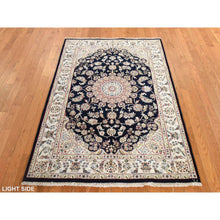 Load image into Gallery viewer, 4&#39;x6&#39;1&quot; Midnight Blue, Persian Nain Design, Natural Wool and Silk, Hand Knotted Oriental Rug FWR470688