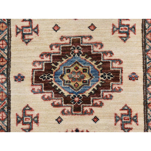 2'9"x8'3" Swan White, Super Kazak, Geometric Design, 100% Shiny Wool, Hand Knotted, Runner, Oriental Rug FWR470694