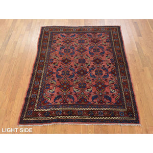 5'1"x6'6" Dahlia Red, Antique Persian Lilihan, Repetitive Flower Rosette Design, Full Even Pile and Clean, 100% Wool, Hand Knotted, Oriental Rug FWR470700