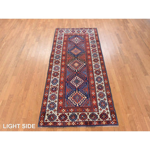 4'x9'4" Scarlet Red, Antique Caucasian Kazak, Geometric Design, Natural And Vegetable Dyes, Full, Soft Even Pile And Clean, 100% Wool, Hand Knotted, Oriental, Wide Runner Rug FWR470706