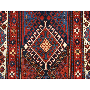 4'x9'4" Scarlet Red, Antique Caucasian Kazak, Geometric Design, Natural And Vegetable Dyes, Full, Soft Even Pile And Clean, 100% Wool, Hand Knotted, Oriental, Wide Runner Rug FWR470706