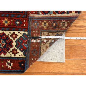 4'x9'4" Scarlet Red, Antique Caucasian Kazak, Geometric Design, Natural And Vegetable Dyes, Full, Soft Even Pile And Clean, 100% Wool, Hand Knotted, Oriental, Wide Runner Rug FWR470706