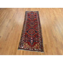 Load image into Gallery viewer, 3&#39;2&quot;x10&#39; Tomato Red, Semi Antique Persian Heriz, Geometric Medallion Design, Clean, Full and Soft Even Pile, 100% Wool, Hand Knotted, Oriental, Wide Runner Rug FWR470736