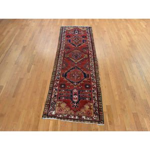 3'2"x10' Tomato Red, Semi Antique Persian Heriz, Geometric Medallion Design, Clean, Full and Soft Even Pile, 100% Wool, Hand Knotted, Oriental, Wide Runner Rug FWR470736