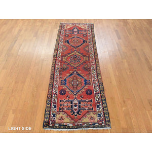 3'2"x10' Tomato Red, Semi Antique Persian Heriz, Geometric Medallion Design, Clean, Full and Soft Even Pile, 100% Wool, Hand Knotted, Oriental, Wide Runner Rug FWR470736