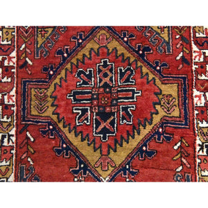 3'2"x10' Tomato Red, Semi Antique Persian Heriz, Geometric Medallion Design, Clean, Full and Soft Even Pile, 100% Wool, Hand Knotted, Oriental, Wide Runner Rug FWR470736
