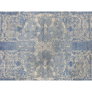 4'x4' Stone Blue, Wool and Pure Silk, Jewelry Design, Hand Knotted, Round, Oriental Rug FWR470766
