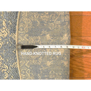 4'x4' Stone Blue, Wool and Pure Silk, Jewelry Design, Hand Knotted, Round, Oriental Rug FWR470766