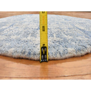 4'x4' Stone Blue, Wool and Pure Silk, Jewelry Design, Hand Knotted, Round, Oriental Rug FWR470766