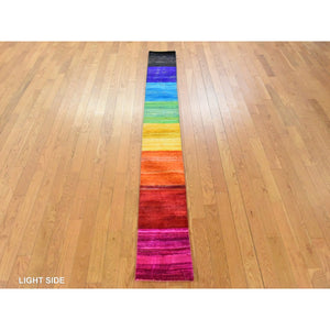 1'x9' Yellow, Colorful Chart Blanket, Sample, Sari Silk Hand Knotted Oriental Rug FWR470778