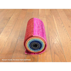 1'x9' Yellow, Colorful Chart Blanket, Sample, Sari Silk Hand Knotted Oriental Rug FWR470778