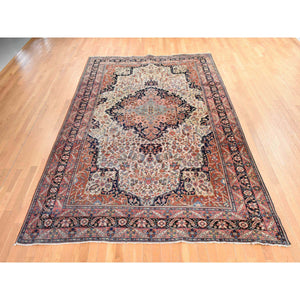 8'5"x11'4" Chiffon White, Antique Persian Sarouk Fereghan, Intricate Small Flower and Serrated Leaf Center Medallion Design, Good Condition and Clean, 100% Wool, Hand Knotted, Oriental Rug FWR470856