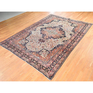 8'5"x11'4" Chiffon White, Antique Persian Sarouk Fereghan, Intricate Small Flower and Serrated Leaf Center Medallion Design, Good Condition and Clean, 100% Wool, Hand Knotted, Oriental Rug FWR470856