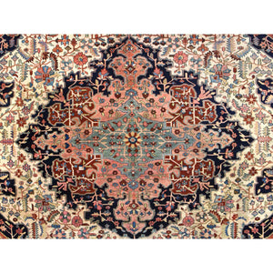 8'5"x11'4" Chiffon White, Antique Persian Sarouk Fereghan, Intricate Small Flower and Serrated Leaf Center Medallion Design, Good Condition and Clean, 100% Wool, Hand Knotted, Oriental Rug FWR470856