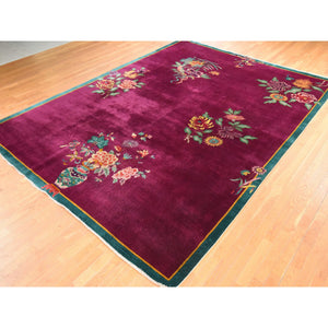 9'10"x13'5" Magenta Purple, Antique Nichols, Chinese Art Deco, Hand Knotted, 100% Wool, Clean, Sides And Ends Professionally Redone And Secured, Slight Wear, Oriental Rug FWR470886