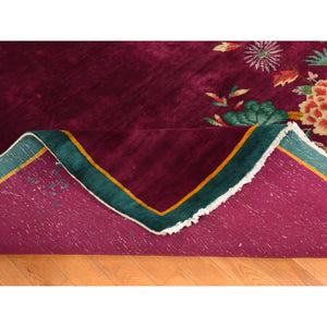 9'10"x13'5" Magenta Purple, Antique Nichols, Chinese Art Deco, Hand Knotted, 100% Wool, Clean, Sides And Ends Professionally Redone And Secured, Slight Wear, Oriental Rug FWR470886