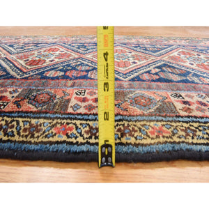 2'8"x12' Navy Blue, Antique Persian Hamadan Rug, Signed, Good Condition, Clean And Soft, Geometric Medallions Design, 100% Wool, Hand Knotted, Runner, Oriental FWR470958