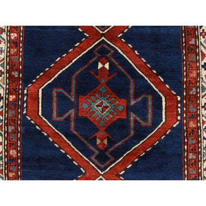 4'x8'9" Navy Blue, Antique Caucasian Rug, Armenian Kazak, Good Condition, Clean And Soft, Geometric Medallions Design, 100% Wool, Hand Knotted, Full Pile, Wide Runner, Oriental FWR470970
