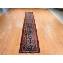 Load image into Gallery viewer, 3&#39;4&quot;x16&#39;3&quot; Midnight Blue, Antique Kurdish Bijar Persian Rug, Good Condition, Clean And Soft, Geometric Fish Mahi Herat Design, 100% Wool, Hand Knotted, Full Pile, Wide Runner, Oriental FWR470976
